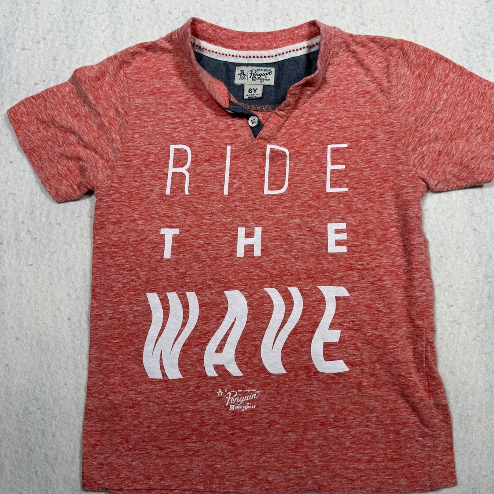 Original Penguin Kids Ride The Wave Henley T-Shirt Heather Red Size 6Y